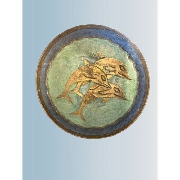 Vintage Pedestal Enamel Brass Trinket Dish with Dolphin Scene 5.5" - Picture 2 of 6